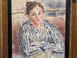 une peinture à l'huile représentant une femme assise à une table avec une tasse de café