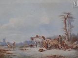 a painting of a group of people and horses in a field