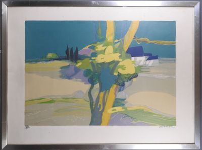tableau représentant un arbre jaune dans un champ, avec un ciel bleu en arrière-plan
