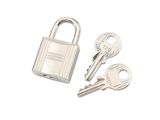 two keys and a padlock on a white surface