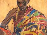 une peinture à l'huile représentant un homme assis, vêtu d'une chemise colorée