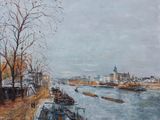 une peinture d'une rivière avec des bateaux