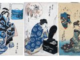 les trois panneaux d'un tableau représentant une femme en kimono