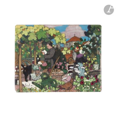 a picture of a painting of people in a garden