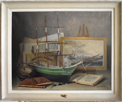 a painting of a ship on a table next to a book