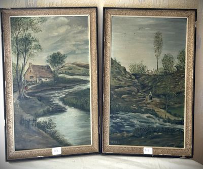 deux tableaux représentant une rivière et une maison, accrochés au mur