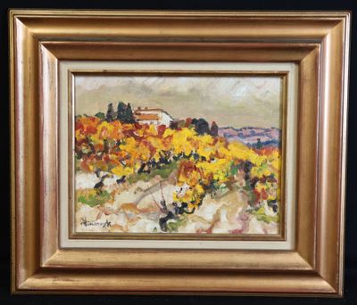 a painting of a landscape with yellow flowers in a gold frame