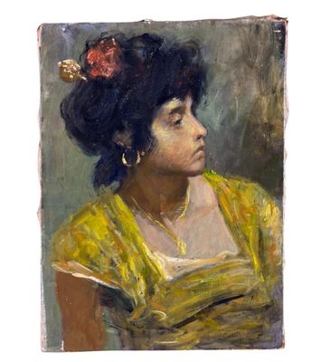 an oil painting of a woman in a yellow dress with a red flower in her hair