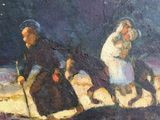an oil painting of a man and a woman riding a horse