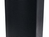 a black speaker on a white background with a white background