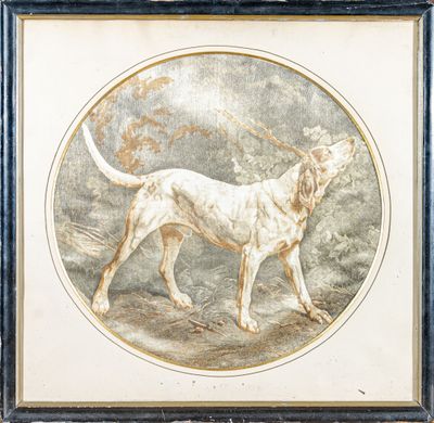 tableau représentant un chien dans un paysage, avec la pleine lune en arrière-plan