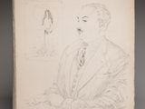 an old book with a drawing of a man in a suit and tie