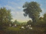 un tableau représentant des vaches dans un champ, avec des arbres en arrière-plan