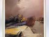 an oil painting of a landscape in a white frame on a wall