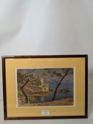 painting of a castle by the sea with a tree in the foreground