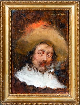 an oil painting of a man with a large hat on his head