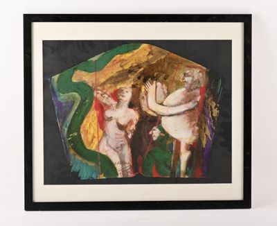 painting of two nudes under an umbrella in a black frame