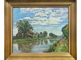 une peinture représentant une rivière avec une maison et des arbres en arrière-plan