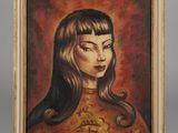 painting of a woman with long hair and a tattoo on her chest
