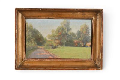 une peinture à l'huile représentant une route de campagne avec des arbres en arrière-plan