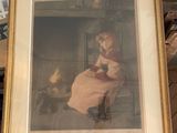 tableau représentant une femme en robe rose assise sur une chaise avec un chien