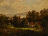 tableau représentant un paysage rural avec une église au loin et une rivière au premier plan