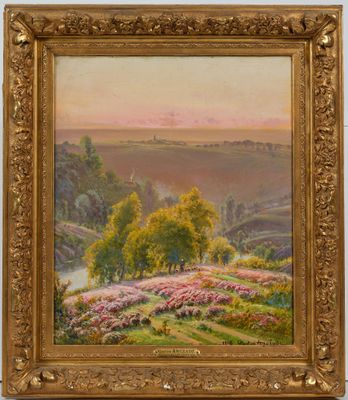 a painting of a landscape with flowers and trees in the foreground