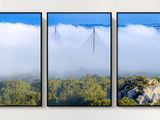three framed pictures of mountains and trees in the fog