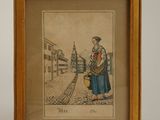 painting of a woman with a basket of flowers in a wooden frame