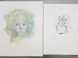 deux dessins représentant une femme et un homme assis sur un banc