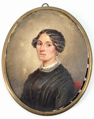 un vieux tableau représentant une femme en robe noire à col blanc