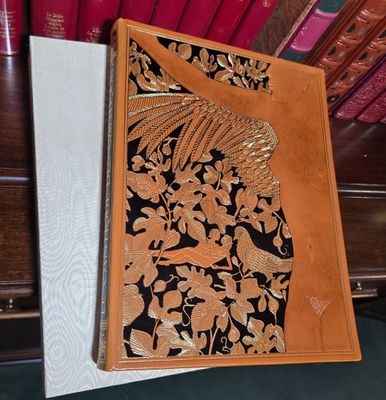 un vieux livre sur lequel figure un oiseau, posé sur une table