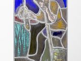a stained glass picture of a man and a dog