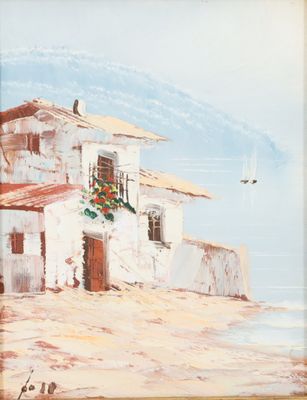 an oil painting of a house on the beach with a bird in the sky