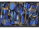 peinture abstraite d'un groupe de personnes en bleu et jaune