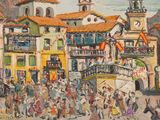 a painting of a crowd of people walking down the street