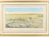 a painting of a view of a town with a mountain in the background
