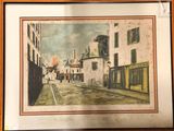tableau représentant une scène de rue avec des bâtiments et une calèche