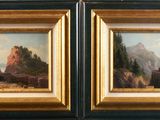 deux tableaux encadrés représentant un paysage de montagne avec des arbres et des rochers