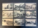 several old black and white photos of a town with horses and carriages