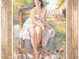 une image d'un tableau représentant une femme assise sur un banc