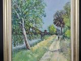 un tableau représentant une personne marchant sur un chemin de terre, à côté d'arbres