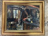 une peinture à l'huile représentant un homme assis sur une chaise dans une pièce