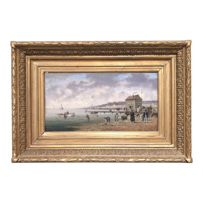 an oil painting of a beach scene with people and boats