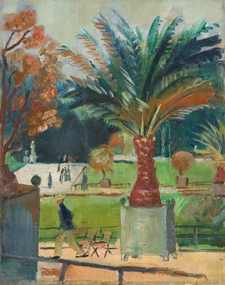 tableau représentant un parc avec des palmiers et des personnes qui se promènent au loin