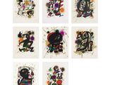 six prints of abstract paintings on white paper with various colors