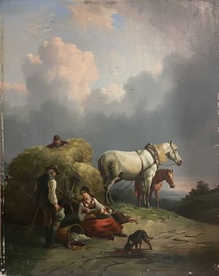 un tableau représentant un groupe de personnes avec des chevaux et un chien