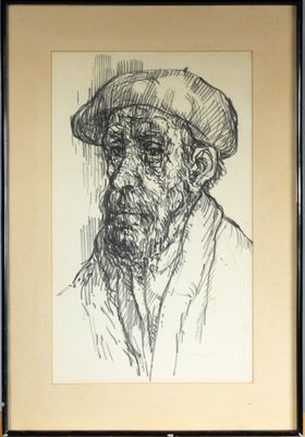 dessin représentant un homme portant un chapeau et une barbe, dans un cadre noir