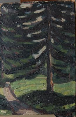 un tableau représentant une route au milieu d'une forêt