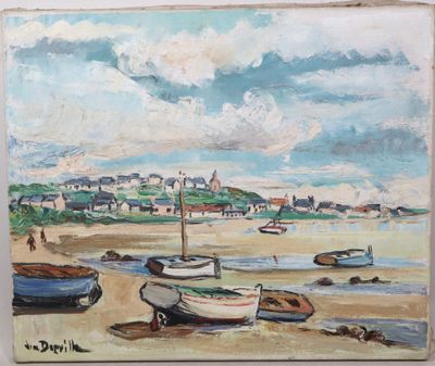 a painting of boats on the beach by the water